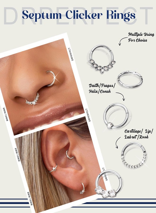 Drperfect 16G Septum Clicker Rings Stainless Steel Nose Rings Hoop for Women CZ Cartilage Helix Tragus Daith Earrings Nose Ring Hoop Hinged Segment Lip Piercing Jewelry 8MM Silver - Image 2